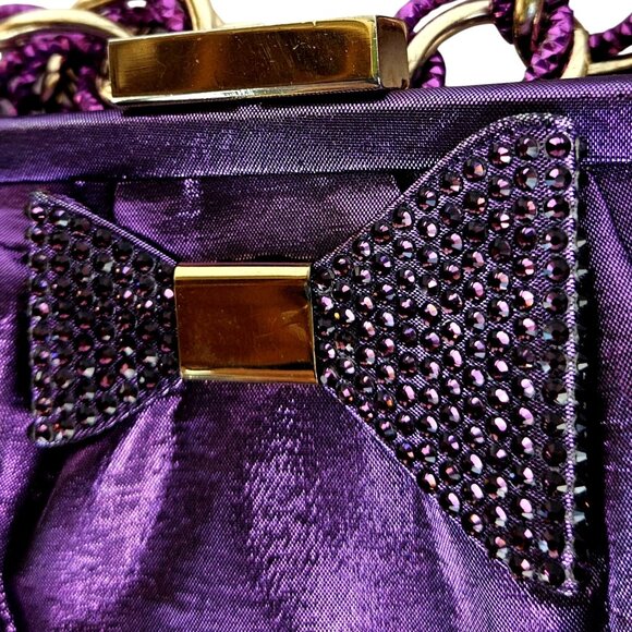 Fabiana Mori Italian Purple Satin Evening Bag Rhinestone Bow Chain Handle 2010s - Picture 4 of 12